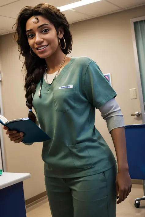 Nurse_SpiderVerse_RioMorales_ownwaifu, curly black hair, messy hair, single braid, dark skinned female, brown eyes, necklace, hoop earrings,
green shirt, short sleeves, layered sleeves, green sweater, green pants, id card, lanyard, name tag,
looking at viewer, smiling, standing, holding clipboard, inside hospital room, bright lighting, high quality, masterpiece, 
 <lora:CARTOON_SpiderVerse_RioMorales_ownwaifu:.7>