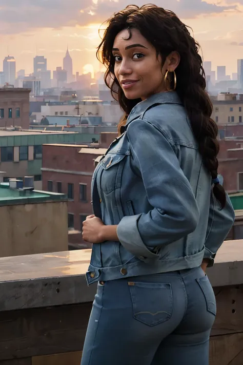 Jacket_SpiderVerse_RioMorales_ownwaifu, curly black hair, messy hair, single braid, dark skinned female, brown eyes, necklace, hoop earrings,
denim jacket, buttons, long sleeves, open clothes, green shirt, floral print, jeans, 
looking at viewer, serious, smirk, from behind, on building roof, cityscape, dusk, sunset, high quality, masterpiece, 
 <lora:CARTOON_SpiderVerse_RioMorales_ownwaifu:.7>