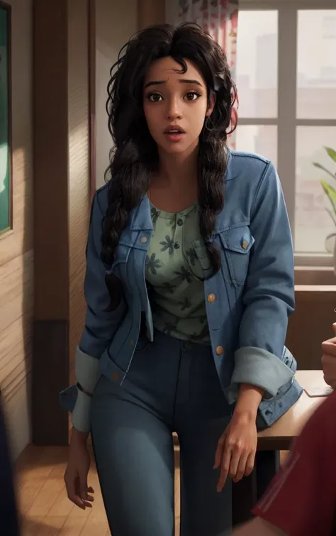 Jacket_SpiderVerse_RioMorales_ownwaifu,
1girl, long hair, black hair, curly hair, messy hair, braiding hair, single braid, hair over shoulder, asymmetrical hair, dark skin, very dark skin, dark-skinned female, wide-eyed, nose, lips, freckles, brown eyes,
denim jacket, blue jacket, jacket, breast pocket, buttons, long sleeves, open clothes, green shirt, floral print, 
<lora:CARTOON_SpiderVerse_RioMorales_ownwaifu:0.8> ,
((masterpiece)),((best quality)),(highres, absurdres), original, bokeh, depth_of_field, scenery, spotlight, focused, looking at viewer, solo, cowboy shot,