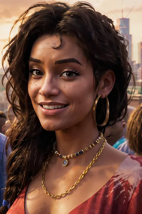 RedDress_SpiderVerse_RioMorales_ownwaifu, curly black hair, messy hair, single braid, dark skinned female, brown eyes, necklace, hoop earrings,
cleavage, plunging neckline, red dress, red shirt, 
looking at viewer, smiling, close up, outside, cityscape, dusk, sunset, 
 <lora:CARTOON_SpiderVerse_RioMorales_ownwaifu:.7>