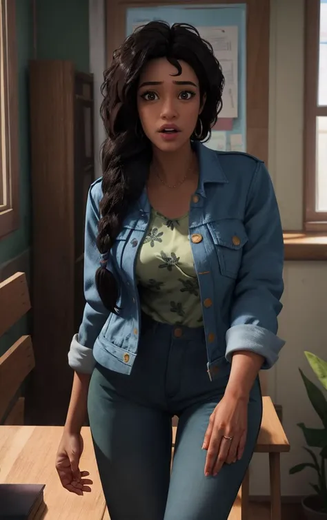 Jacket_SpiderVerse_RioMorales_ownwaifu,
1girl, long hair, black hair, curly hair, messy hair, braiding hair, single braid, hair over shoulder, asymmetrical hair, dark skin, very dark skin, dark-skinned female, wide-eyed, nose, lips, freckles, brown eyes,
denim jacket, blue jacket, jacket, breast pocket, buttons, long sleeves, open clothes, green shirt, floral print, 
<lora:CARTOON_SpiderVerse_RioMorales_ownwaifu:0.7> ,
((masterpiece)),((best quality)),(highres, absurdres), original, bokeh, depth_of_field, scenery, spotlight, focused, looking at viewer, solo, cowboy shot,