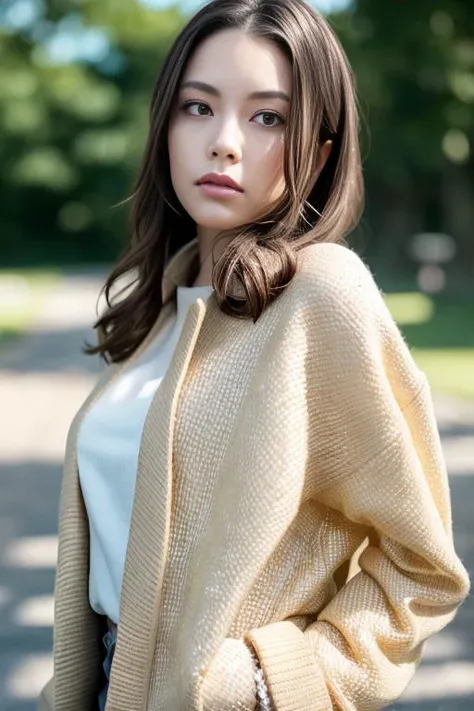 1girl,(wearing a blouse and coat:1.2),(RAW photo, best quality), (realistic, photo-realistic:1.4), masterpiece, an extremely delicate and beautiful, extremely detailed, 2k wallpaper, Amazing, finely detail, extremely detailed CG unity 8k wallpaper, ultra-detailed, highres, soft light, beautiful detailed girl, extremely detailed eyes and face, beautiful detailed nose, beautiful detailed eyes,cinematic lighting,in a park,perfect anatomy,slender body <lora:yasudarei_lora:0.8>