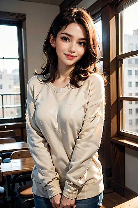 edgy pinterest woman,20 years old,wearing a oversized sweater,happy,dimples,natural look,sunny,soft lighting,emotional,grainy,<lora:dollyMixGirl_V2:0.8>,
