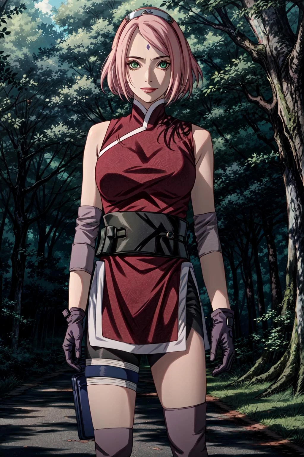sakuraTheLast, woman, masterpiece, best quality, incredibly absurdres, solo , mature female, sleeveless, green eyes, knee pads, black gloves, black shorts, bangs, bandaged leg, black obi, forehead mark, forehead protector, konohagakure symbol, qipao dress, pale skin, looking at viewer, full body, lipstick, badass, evil smile , standing, waiting, ((shadow)),outdoors, background forest, <lyco:BetterHands:1.0>, <lora:DetailLora:1.1>, <lora:sakuraTheLastV7-000018:1>, <lora:LowRA:0.4> dark theme