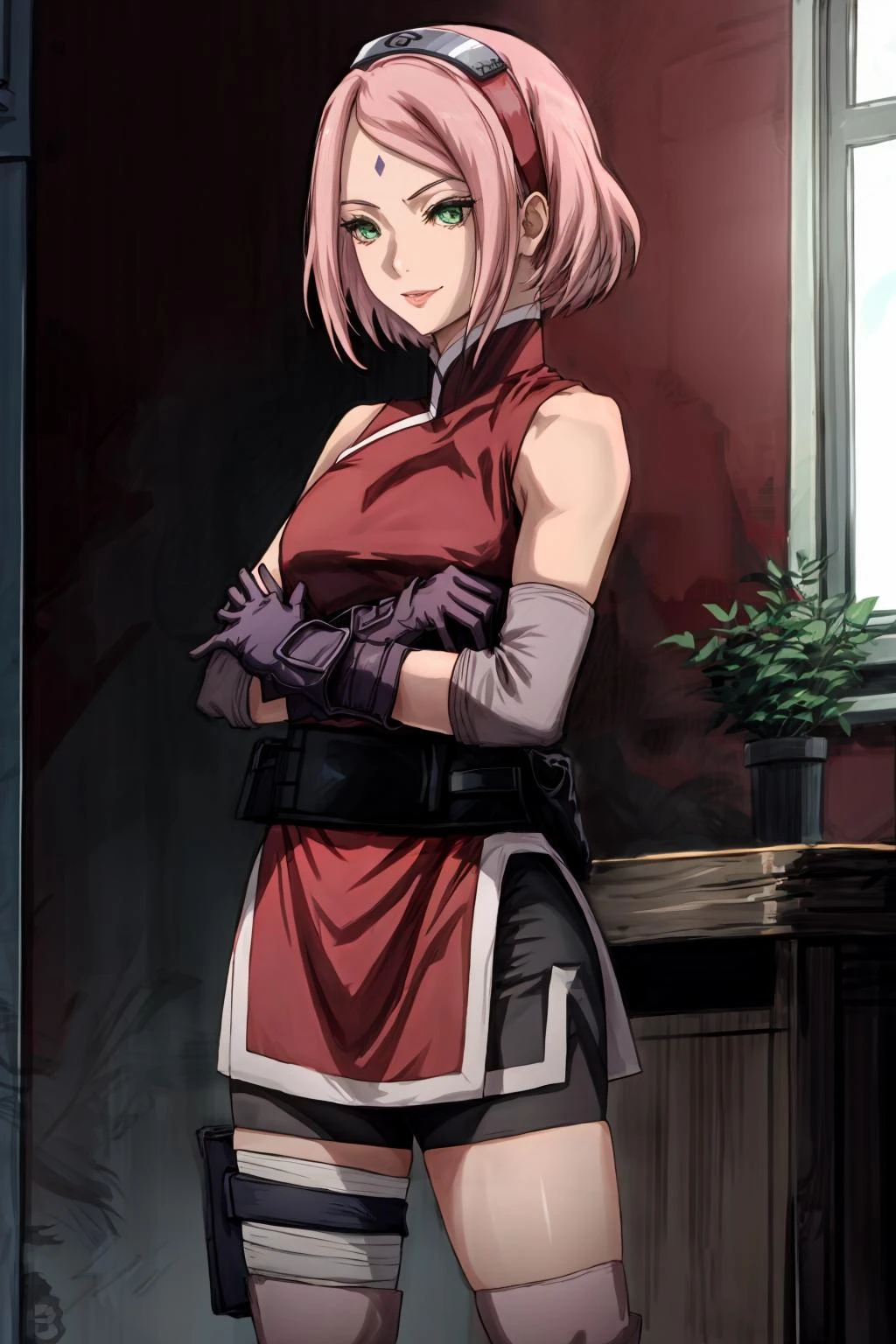 sakuraTheLast, woman, masterpiece, best quality, incredibly absurdres, solo , mature female, sleeveless, green eyes, knee pads, black gloves, black shorts, bangs, bandaged leg, black obi, forehead mark, forehead protector, konohagakure symbol, qipao dress, pale skin, full body lipstick, badass, evil smile, standing, crossed arms, leaning on a brown wall, waiting, indoors <lyco:BetterHands:1.0>, <lora:DetailLora:1>, <lora:sakuraTheLastV7-000018:1>,