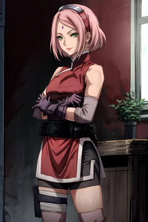 sakuraTheLast, woman, masterpiece, best quality, incredibly absurdres, solo , mature female, sleeveless, green eyes, knee pads, black gloves, black shorts, bangs, bandaged leg, black obi,   forehead mark, forehead protector, konohagakure symbol, qipao dress, pale skin,   full body lipstick, badass, evil smile,  standing, crossed arms, leaning on a brown wall, waiting,  indoors   <lyco:BetterHands:1.0>, <lora:DetailLora:1>,     <lora:sakuraTheLastV7-000018:1>,