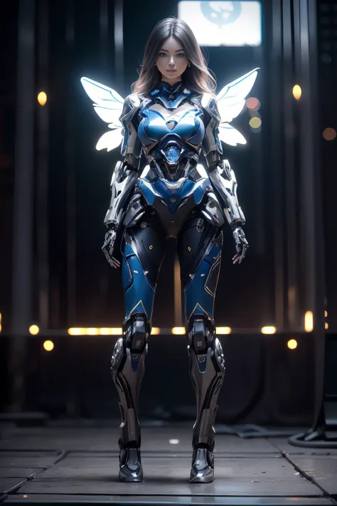 mj3d style,3dmm,3d,(full body shot:1.3), bokeh:1.2, sci-fi background, looking at viewer,((blue mecha body with mechanical arms, and wings)) ((mechanical open chest)), (22 years old woman), medium breast, small waist, long brown flowing hair, (green eyes, beautiful eyes), beautiful face, beautiful detailed eyes, looking at viewer, stunningly beautiful woman, good hands,  detailed hands, good feet, (8k, RAW photo, best quality, masterpiece:1.2), (realistic, photo-realistic:1.37), ultra high res, photon mapping, radiosity, physically-based rendering, (ambient light:1.3), (cinematic composition:1.0),professional soft lighting, light on face, <lora:more_details:0.4>, <lora:LowRA:0.45>, <lora:20230529202647:0.5> <lora:wowifierV3:1> <lora:GoodHands-vanilla:1> <lyco:Robotaction:0.6>