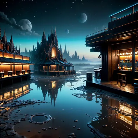 ((best quality)), ((masterpiece)), ((realistic,digital art)), (hyper detailed), Abstract Expressionism architecture Night Sky Placid Waters,Wet Mud,Bar by mooncryptowow, octane rendering, raytracing, volumetric lighting, Backlit,Rim Lighting, 8K, HDR, <lora:wowifierXL:1>