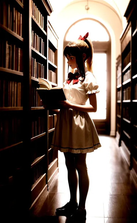 ((best quality)), ((masterpiece)), (high detailed), (John Singer Sargent:0.6), 12y girl, a young sorceress studying, freckles, blonde hair, red bow in hair, ponytail, green (#4CBB17) shirt dress, white frilled knee trousers, frilled socks, Victorian sorceress library, old books, 1broom, <lora:Squeezer2:0.7>