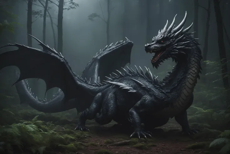 best quality,masterpiece,highly detailed,ultra-detailed, (fantasy:1.6), (( large scale badly injured winged chinese dragon with terrifying black scales lying on the forest floor :1.7)), (cinematic camera), (bokeh effect:1.3),(storm background anda rain:1.3). (hight resolution textures 4k:1.7)) ,(dark european forest enviroment at night:1.9)<lora:wowifierV3:1>