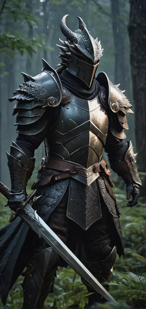 best quality,masterpiece,highly detailed,ultra-detailed, (man muscle warrior with dirty, scratched and worn dark metal armor with high goldsmith:1.6), ((armor with metal scales in the shape of a face dragon:1.9) , (big sword:2.2)), (metal helmet with dragon face head:1.6), armor, holding weapon, armored boots, axe, boots, full armor, gauntlets, greaves, helmet, holding sword, holding weapon, knight, pauldrons, planted sword, ,ribbon, scabbard, sheath, shoulder armor, solo, standing, sword, torn clothes, vambraces, weapon, weapon over shoulder, (cinematic camera), (bokeh effect:1.3),(storm background anda rain:1.3). (hight resolution textures 4k:1.7)) ,(dark european forest enviroment at night:1.9)<lora:wowifierV3:1>