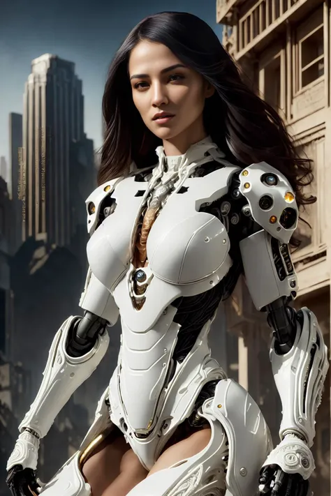 Masterpiece, intricate details, metallic texture, highlights, realistic lighting, and real light reflections,
(white|black:1.5),A muscular, sexy mech woman holding a weapon,by mooncryptowow,PSYCHEDELIC,HALO
realistic photo,
 Fine facial features,Beautiful face,
(front view),looking at viewer,  the viwer,
(city background:1.3),<lora:wowifierV2:0.8>