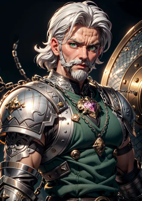 A 35 year old male, white hair, white mustache with a short white beard. strong, ((wearing chain mail)). Stern look, green eyes, looking at viewer, magic swirling around him, symbol around his neck, shield resting near by, <lora:wowifierV3:0.6> <lora:more_details:0.7>
