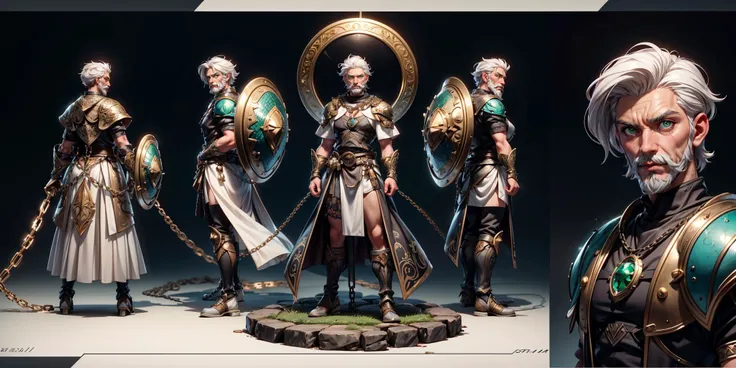 A 35 year old male, white hair, white mustache with a short white beard. strong, ((wearing chain mail)). Stern look, green eyes, looking at viewer, magic swirling around him, symbol around his neck, shield resting near by, <lora:wowifierV3:0.6> <lora:more_details:0.7>