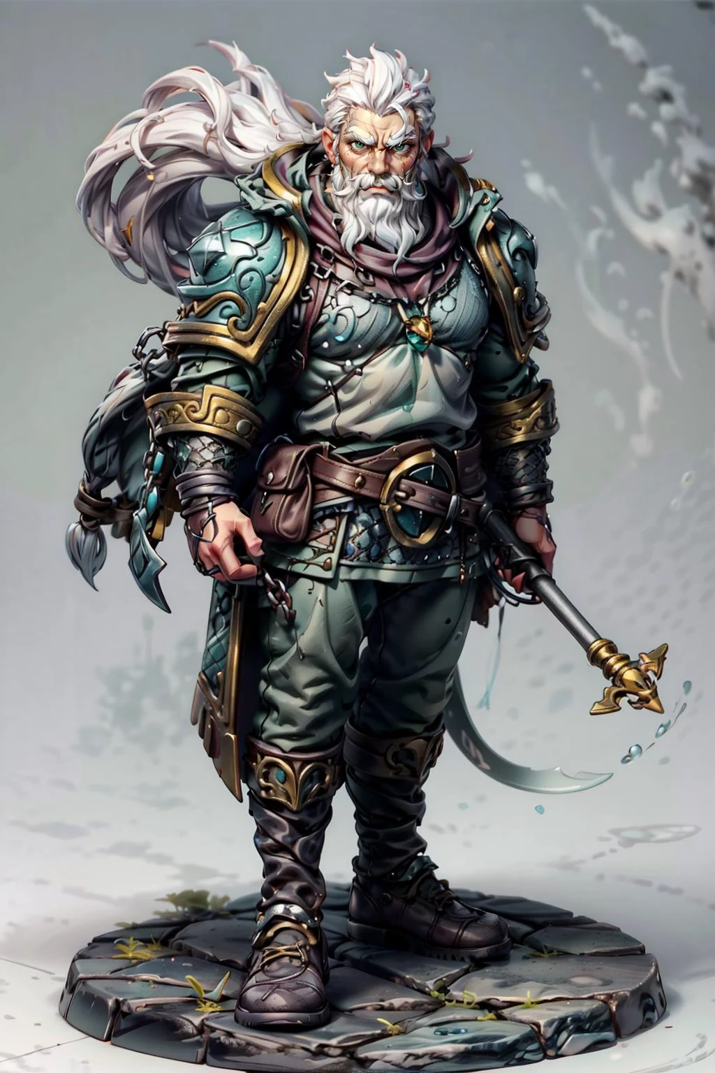 A 35 year old male, white hair, white mustache with a short white beard. strong, ((wearing chainmail)). Stern look, green eyes, looking at viewer, magic swirling around him, symbol around his neck, <lora:wowifierV3:0.6> <lora:more_details:0.7> <lora:Pmini_v4.0:0.8>