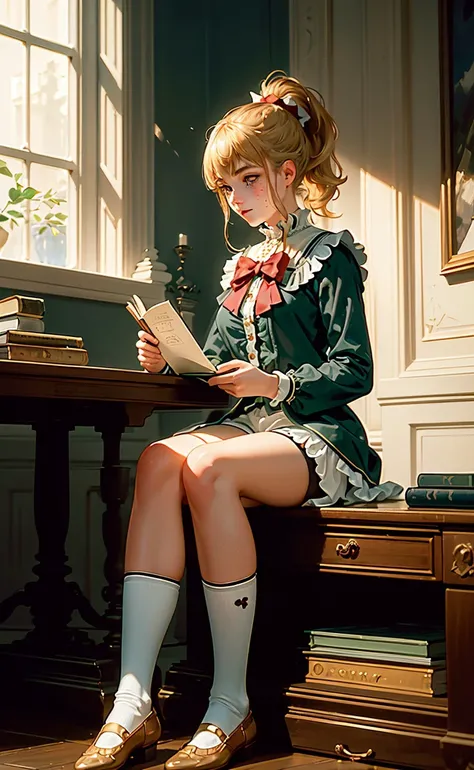 ((best quality)), ((masterpiece)), (high detailed), John Singer Sargent, a young sorceress studying, freckles, blonde hair, red bow, ponytail, green shirt dress, white frilled shorts, frilled socks <lora:wowifierV3:1>
