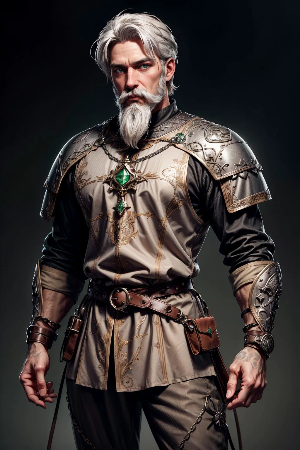 simple background, A 35 year old male, white hair, white mustache with a short white beard. strong, ((grey medieval tunic)), brown loose medieval leather pants, adventure boots. Renaissance clothing, Stern look, green eyes, wearing an emerald on a small chain around his neck, cowboy shot <lora:wowifierV3:0.6> <lora:more_details:0.7>, holy magic around him, vamptech, <lora:VampiricTech:0.7>