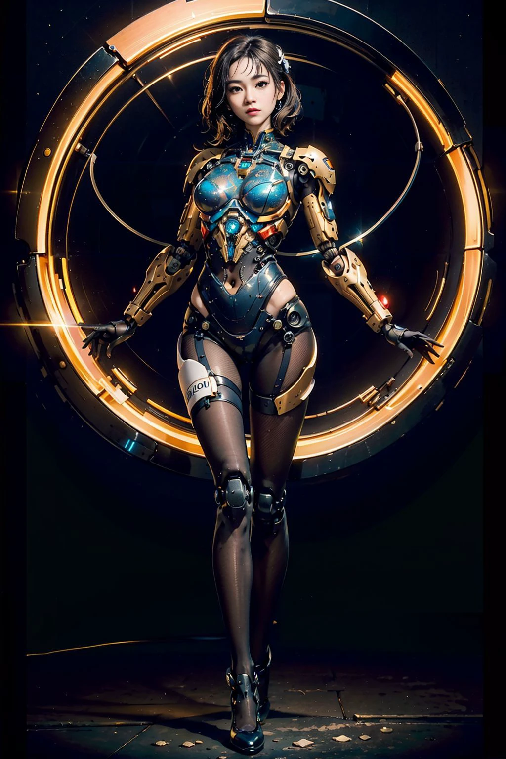(masterpiece, top quality, best quality, official art, beautiful and aesthetic:1.2), (1girl), (fractal art:1.2),absurdres, highres, ultra detailed, Ultra-precise depiction, Ultra-detailed depiction, solo, (zentangle:1.2), floating hair, (skinny, thin body: 1.2), tanned skin, shiny skin, (abstract:1.2),cbpkv5, pantyhose,looking at viewer, full body, <lora:cbpkv_20230614221551:0.5>, <lora:wowifierV3:0.6>, cyberpunk robot, complex robot, halo, by mooncryptowow