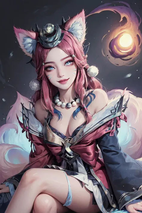 (Masterpiece:1.4), (best quality:1.2), (illustration:1.2), detailed face, <lora:snow_moon_ahri-000019:1>, snow moon ahri, 1girl, japanese clothes, pink hair, hair ornament, necklace, bare shoulders, fox girl, smile, sitting, crossed legs, upper body, cowboy shot