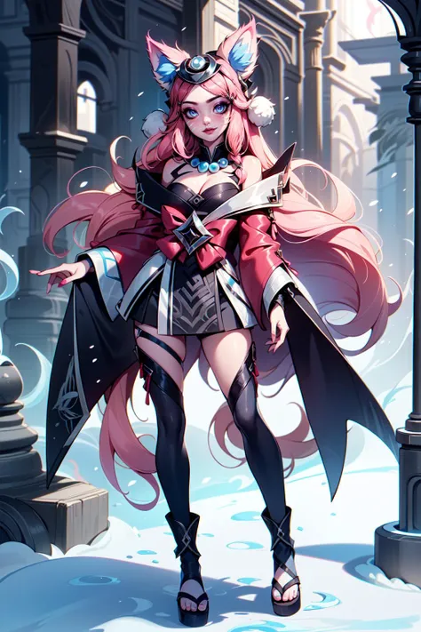 (Masterpiece:1.2), (best quality:1.2), (illustration:1.2), <lora:snow_moon_ahri-000019:1>, snow moon ahri, 1girl, japanese clothes, pink hair, hair ornament, necklace, bare shoulders, fox girl, full body, cowboy shot