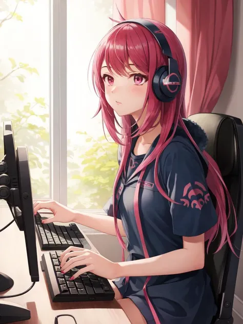 <lora:Ivy_FEv2-10:0.8>, ivy fe, 1girl, masterpiece, ultra high quality cg, best quality, girl solo, long hair, gaming platform, gaming pc, pink theme room, gaming keyboard, gaming headphone, gaming console, bubble gum