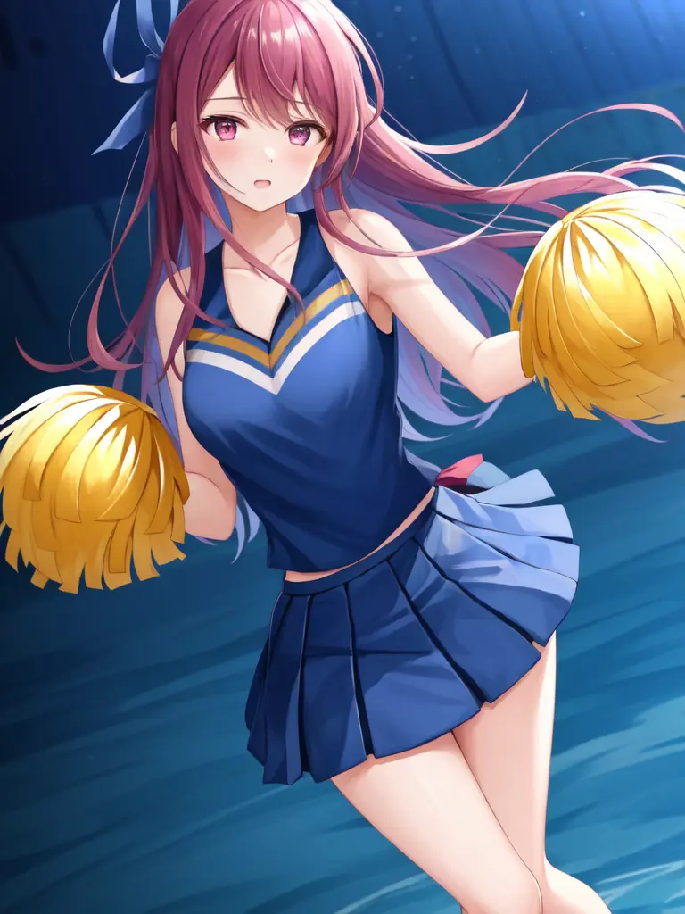 <lora:Ivy_FEv2-10:0.8>, ivy fe, masterpiece, ultra high quality cg, best quality, 1girl, blue sky background, dynamic pose, (cheerleader:1.5)