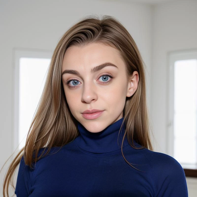 ruiva de vestido azul com cabelo liso e curto