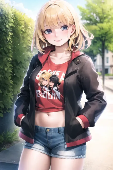 1girl,smile, t-shirt, open jacket, hands in pockets, blonde hair, navel, outdoors,blonde, <lora:hakkasame:1>