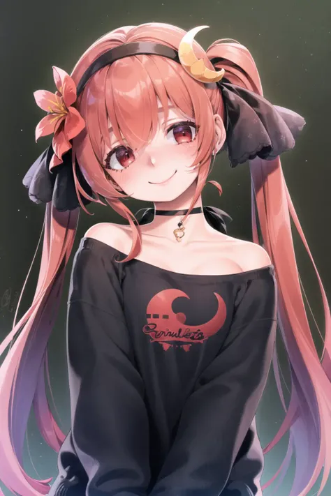 1girl, choker, crescent print, floral print, flower, hair between eyes, hair flower, hair ornament, headband, looking at viewer,red hair, black theme, solo, simple background, twintails, bangs, ribbon, long hair, closed mouth, red eyes, black choker, hairband, neck ribbon, head tilt, black ribbon, blush, smile, hair ribbon, <lora:hakkasame:.9>