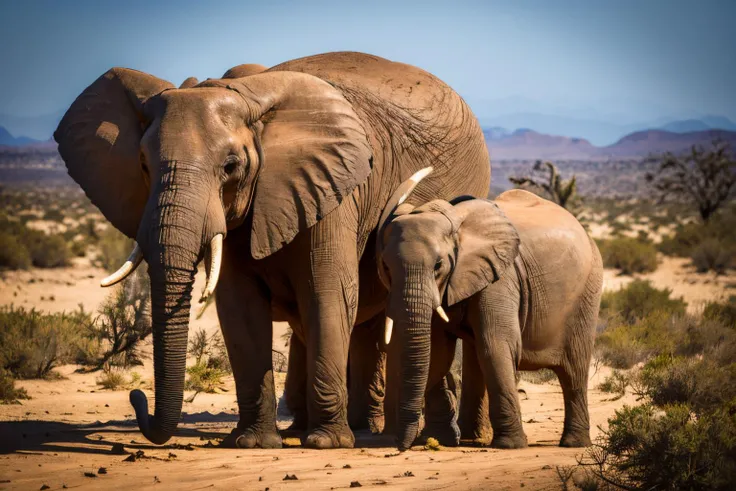 desert landscape (masterpiece, best quality:1.2), ultra-detailed, a mother elephant and her baby, (realistic:1.5), <lora:EdobElephant_v1.0:0.8>