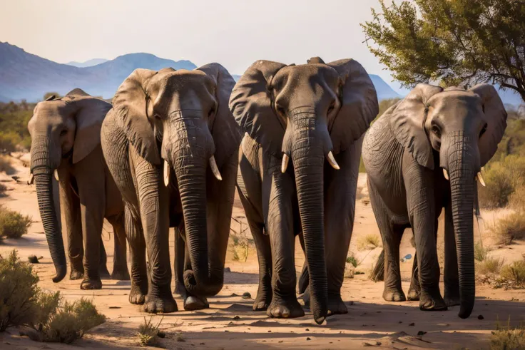 desert landscape (masterpiece, best quality:1.2), ultra-detailed, a herd of elephants walking, (realistic:1.5), <lora:EdobElephant_v1.0:0.8>