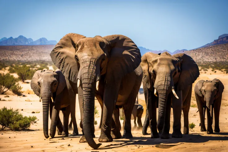 desert landscape (masterpiece, best quality:1.2), ultra-detailed, a herd of elephants walking, (realistic:1.5), <lora:EdobElephant_v1.0:0.8>