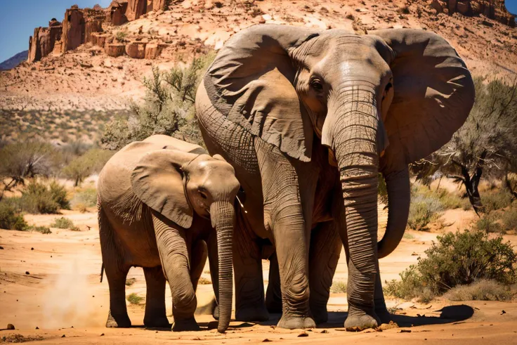 desert landscape (masterpiece, best quality:1.2), ultra-detailed, a mother elephant and her baby, (realistic:1.5), <lora:EdobElephant_v1.0:0.8>