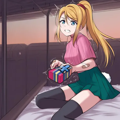 incoming gift, yuuki setsuna (love live!), solo, samus aran, on bed, black sleeves, train station, bandaid on hand, kirisame marisa, trembling, demon girl, outdoors, flower (symbol), tassel, vertical-striped shirt, blue ribbon, seiza, swept bangs, :d, freckles, takagi-san, pleated dress, teeth, sakura chiyo, green skirt, iron cross, naganami kai ni (kancolle), thighhighs, branch, rabbit hair ornament, pink dress, bikini