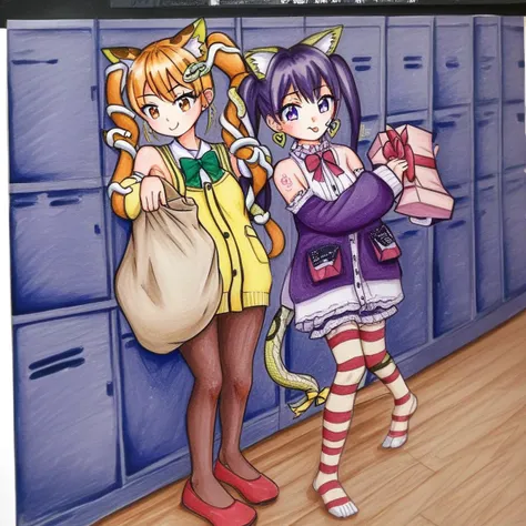 incoming gift, brown pantyhose, traditional media, holding sack, tongue out, hairpin, tattoo, yellow cardigan, heart earrings, barefoot, green bowtie, frilled choker, armpits, twintails, katana, detached sleeves, indoors, animal ear fluff, hishikawa rikka, socks, locker, wariza, purple jacket, matsubara kanon, lace, pouch, red footwear, extra ears, tail bow, snake hair ornament, ribbon trim, striped thighhighs