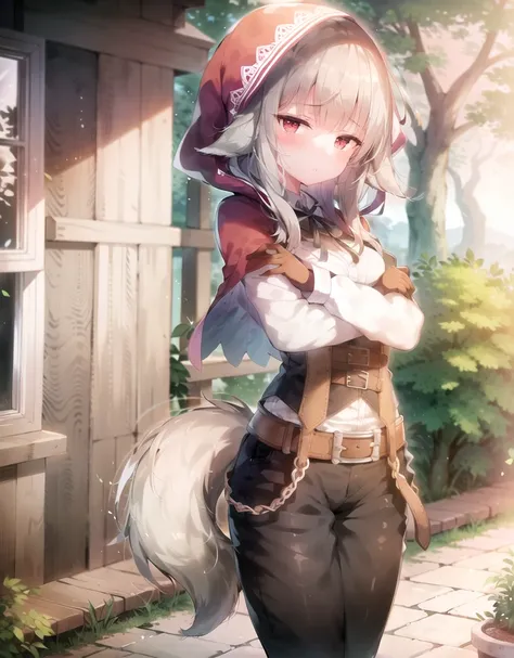 masterpiece, absurdres, best quality, 1girl, <lora:Velouria V5:1> velouria_fates, wolf_girl, red eyes, red hood, two-tone hair, multicolored hair, gray hair, black hair, standing, crossed arms, wolf tail, in front of a house, white shirt with belts, black pants, single_tail