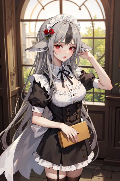 Masterpiece, best quality, absurdres, 1girl, standing, velouria_fates, red eyes, maid, gray hair, multicolored hair, animal ears, <lora:velouriaV2:0.7>