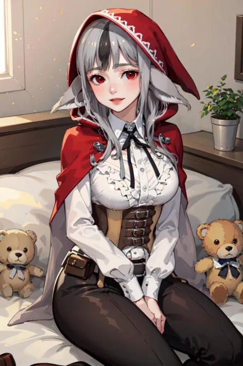 Masterpiece, best quality, absurdres, 1girl, sitting, teddy bear, velouria_fates, light smile, red eyes, gray hair, multicolored hair, animal ears, red hood, bed, <lora:velouriaV2:1>
