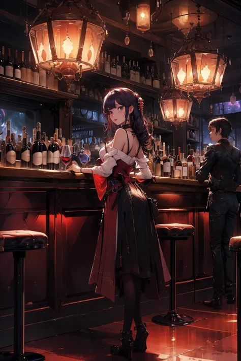 masterpiece, best quality, 1girl, bar, wine, long view, fantasy, sky, nightclub, wide shot,  <lora:bar1:0.6>