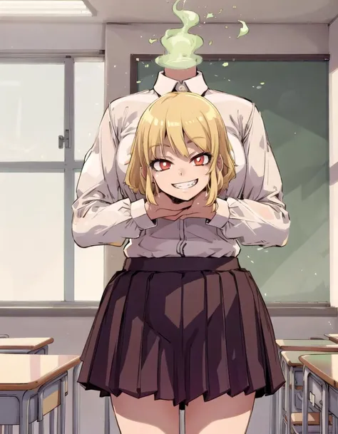 masterpiece, best quality, 1girl, solo,blonde hair, red eyes, disembodied head, dullahan, holding own head,standing,school uniform,grin, classroom, <lora:dullahan-10:0.8>