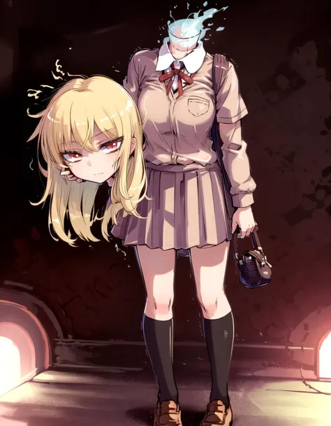 masterpiece, best quality, 1girl, solo,blonde hair, red eyes, disembodied head, dullahan, holding own head,standing,school uniform, <lora:dullahan-10:0.9>