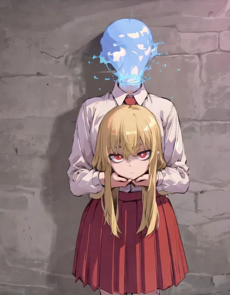 masterpiece, best quality, 1girl, solo,blonde hair, red eyes, disembodied head, dullahan, holding own head,standing,school uniform, <lora:dullahan-10:0.9>