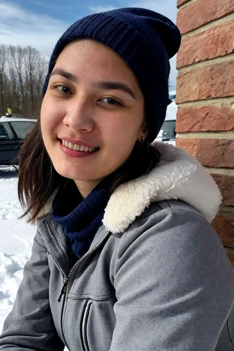 close up shot, <lora:dahsrmanda:1>, realistic photo of dahsrmanda, a woman, wearing a large coat, wearing a turtleneck sweater, wearing a scarf, wearing a beenie, wearing ski pants, wearing ski boots, within Civitai TOS rules, within Civitai TOS guidelines, content that will not be deleted for breaking Civitai TOS, nothing sus, super G rated