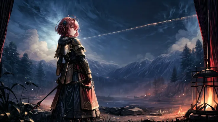 (masterpiece),(best quality),highres,highly detailed:0.9,an extremely delicate and beautiful,Tyndall effect,max detail,EdobLandscapeAlpha,(1girl,solo),(medium:0.4),breasts,(madder red hair:1.2),(wavy hair ends),(short hair:1.4),beautiful red eyes,ruby textured pupils,(calm smile and round eyes),knight with full plated armor,(knight shield on the stance),(landscape, full body),((far shot from behind)),beautiful,calm,relaxing,camping near river on the ground,wide river,grass,(firepit with cauldron full of soup),sitting on the fur rug,<lora:EdobLandscapeAlpha_v1.0:0.6>,((stare at the fire)),<lora:bluestyle-000005:0.3>,phblue,scenery,blue theme,<lora:绪å¿-æ¢¦å¹»åºæ¯ dream like:0.2>,dream,<lora:more_details:1.8>,(night,night sky,darkness,no light),(old rust medieval backpack with gold ornaments),bubles,(facing away),scarf,head_tilt,(blue hair flower),hair ornament,ribbon,hair ribbon,jewelry,(mystic enhanced glowing flower),mystic,luminescence,surreal,translucent,divine,celestial,crystalline,light,with a nurturing presence and a warm glow,world with pastel and cool colors,soft and ethereal lighting,volumetric lighting,(moonlight:0.3),(low-key lighting, dimly lit:1.5),intense shadows,hard shadows,water vapor,