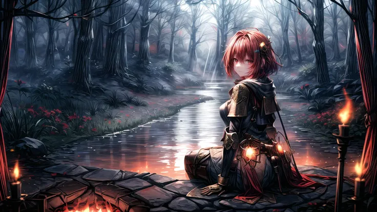 (masterpiece),(best quality),highres,highly detailed:0.9,an extremely delicate and beautiful,Tyndall effect,max detail,EdobLandscapeAlpha,(1girl,solo),(medium:0.4),breasts,(madder red hair:1.2),(wavy hair ends),(short hair:1.4),beautiful red eyes,ruby textured pupils,(calm smile and round eyes),knight with full plated armor,(knight shield on the stance),(landscape, full body),((far shot from behind)),beautiful,calm,relaxing,camping near river on the ground,wide river,grass,(firepit with cauldron full of soup),sitting on the fur rug,<lora:EdobLandscapeAlpha_v1.0:0.6>,((stare at the fire)),<lora:bluestyle-000005:0.3>,phblue,scenery,blue theme,<lora:绪å¿-æ¢¦å¹»åºæ¯ dream like:0.2>,dream,<lora:more_details:1.8>,(night,night sky,darkness,no light),(old rust medieval backpack with gold ornaments),bubles,(facing away),scarf,head_tilt,(blue hair flower),hair ornament,ribbon,hair ribbon,jewelry,(mystic enhanced glowing flower),mystic,luminescence,surreal,translucent,divine,celestial,crystalline,light,with a nurturing presence and a warm glow,world with pastel and cool colors,soft and ethereal lighting,volumetric lighting,(moonlight:0.3),(low-key lighting, dimly lit:1.5),intense shadows,hard shadows,water vapor,