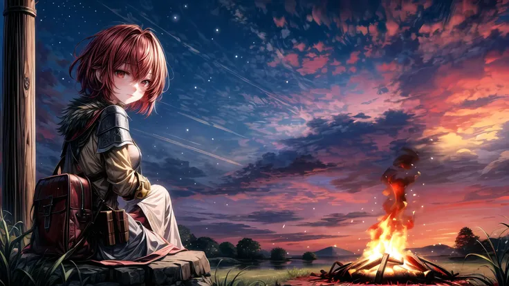 (masterpiece),(best quality),highres,highly detailed:0.9,an extremely delicate and beautiful,Tyndall effect,max detail,EdobLandscapeAlpha,(1girl,solo),(medium:0.4),breasts,(madder red hair:1.2),(wavy hair ends),(short hair:1.4),beautiful red eyes,ruby textured pupils,(soft smile and round eyes),knight with full plated armor,(knight shield on the stance),vibrant colors,(landscape, full body),((far shot from behind)),beautiful,calm,relaxing,camping near river on the ground,wide river,grass,(fish on the fire),barbecue,firepit,sitting on the fur rug,<lora:EdobLandscapeAlpha_v1.0:0.6>,((stare at the fire)),<lora:bluestyle-000005:0.3>,phblue,scenery,blue theme,<lora:绪å¿-æ¢¦å¹»åºæ¯ dream like:0.2>,dream,<lora:more_details:1.8>,(night,night sky,darkness,no light),(old rust medieval backpack with gold ornaments),bubles,