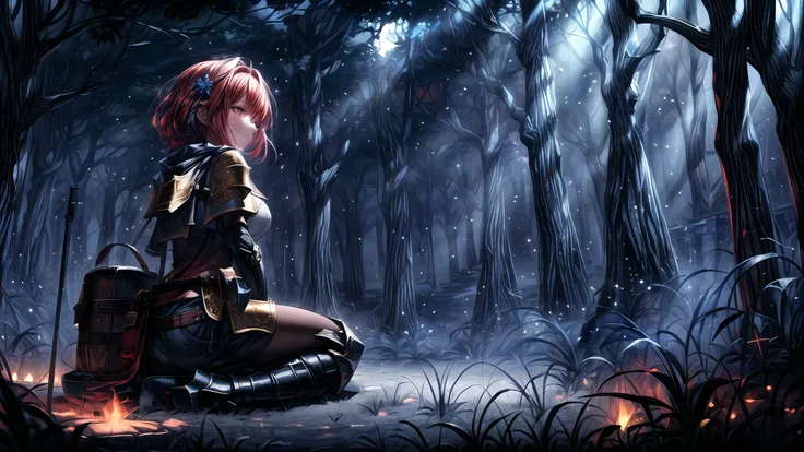 (masterpiece),(best quality),highres,highly detailed:0.9,an extremely delicate and beautiful,Tyndall effect,max detail,EdobLandscapeAlpha,(1girl,solo),(medium:0.4),breasts,(madder red hair:1.2),(wavy hair ends),(short hair:1.4),beautiful red eyes,ruby textured pupils,(calm smile and round eyes),knight with full plated armor,(knight shield on the stance),(landscape, full body),((far shot from behind)),beautiful,calm,relaxing,camping near river on the ground,wide river,grass,(firepit with cauldron full of soup),sitting on the fur rug,<lora:EdobLandscapeAlpha_v1.0:0.6>,((stare at the fire)),<lora:bluestyle-000005:0.3>,phblue,scenery,blue theme,<lora:绪å¿-æ¢¦å¹»åºæ¯ dream like:0.2>,dream,<lora:more_details:1.8>,(night,night sky,darkness,no light),(old rust medieval backpack with gold ornaments),bubles,(facing away),scarf,head_tilt,(blue hair flower),hair ornament,ribbon,hair ribbon,jewelry,(mystic enhanced glowing flower),mystic,luminescence,surreal,translucent,divine,celestial,crystalline,light,with a nurturing presence and a warm glow,world with pastel and cool colors,soft and ethereal lighting,volumetric lighting,(moonlight:0.3),(low-key lighting, dimly lit:1.5),intense shadows,hard shadows,water vapor,purple mist,blue butterfly,glowing mushrooms,ghost silhouette,thunder,