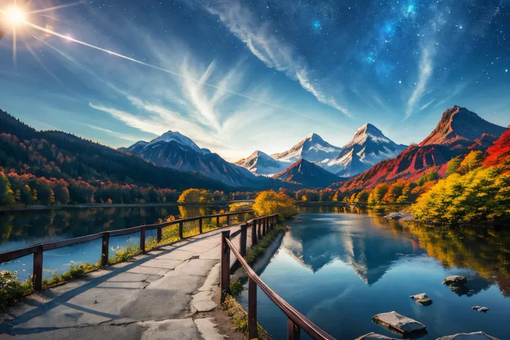 (Realistic:1.5) EdobLandscapeAlpha , bridge, motion blur, too many, blue background, rose, spacecraft, night sky, mountain, leaf, lens flare, <lora:EdobLandscapeAlpha_v1.0:0.8>