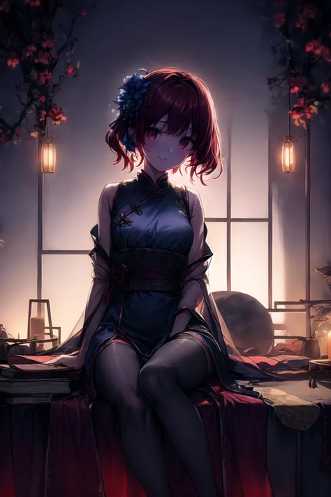 (masterpiece),(best quality),highres,highly detailed:0.9,an extremely delicate and beautiful,Tyndall effect,
1 girl,mature,solo,[tiny:medium:0.8] breasts,(madder red hair:1.2),(wavy hair ends),(short hair:1.2),beautiful red eyes,ruby textured pupils,(smiley and round eyes),
head_tilt,(crossed_legs),smug,(sitting_on_table),
chinese clothes,(Hands on legs:1.2),chinese robe,hanfu,white long clothes,earrings,hair flower,hair ornament,bracelet,tassel,beads,dress,blue dress,silk shawl,red ribbon,Wide long sleeves,wide sleeves,long sleeves,ribbon,hair ribbon,((black silk pantyhose)),jewelry,
ink,lattice,table,plant,paper,bamboo,silk scroll,branch,potted plant,window,round window,leaf,indoors,chair,vase,windowsill,blue flower,(mystic enhanced glowing flower),luminescence,surreal,divine,celestial,crystalline,light,volumetric lighting,(at night, darkness, no light:1.4),night sky,moonlight,(candle,soft candle light,warm light:1.1),(low-key lighting, dimly lit:1.5),intense shadows,water vapor,<lora:GoodHands-beta2:0.6>,Clutter-Home,<lora:more_details:0.6>,<lora:EdobLandscapeAlpha_v1.0:0.3>,EdobLandscapeAlpha,(in the room <lora:backlight_slider_v10:-3>),<lora:test004_1:0.1>,