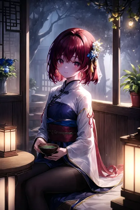 (masterpiece),(best quality),highres,highly detailed:0.9,an extremely delicate and beautiful,Tyndall effect,max detail,
1 girl,mature,solo,[tiny:medium:0.8] breasts,(madder red hair:1.2),(wavy hair ends),(short hair:1.2),beautiful red eyes,ruby textured pupils,(smiley and round eyes),
head_tilt,(crossed_legs),smug,(sitting_on_table),
chinese clothes,chinese robe,hanfu,white long clothes,earrings,hair flower,hair ornament,bracelet,tassel,beads,dress,blue dress,silk shawl,red ribbon,Wide long sleeves,wide sleeves,long sleeves,ribbon,hair ribbon,((black silk pantyhose)),jewelry,
ink,magic city,(city lights:0.3),lattice,table,plant,paper,fireflies,bamboo,silk scroll,tea,(holding cup_of_tea:1.2),branch,potted plant,window,round window,leaf,indoors,chair,vase,windowsill,blue flower,(mystic enhanced glowing flower),mystic,luminescence,surreal,translucent,divine,celestial,crystalline,(((soft purple magic sparkles outdoors))),light,with a nurturing presence and a warm glow,world with pastel and cool colors,soft and ethereal lighting,volumetric lighting,(at night, darkness, no light:1.4),(night sky),(moonlight:0.3),(candle,soft candle light,warm light:1.1),(low-key lighting, dimly lit:1.5),intense shadows,hard shadows,water vapor,<lora:GoodHands-beta2:0.6>,Clutter-Home,<lora:more_details:0.6>,<lora:EdobLandscapeAlpha_v1.0:0.3>,EdobLandscapeAlpha,(in the room <lora:backlight_slider_v10:-3>),<lora:test004_1:0.1>,